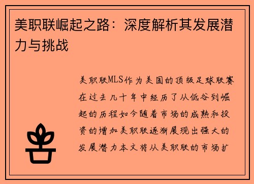 美职联崛起之路：深度解析其发展潜力与挑战