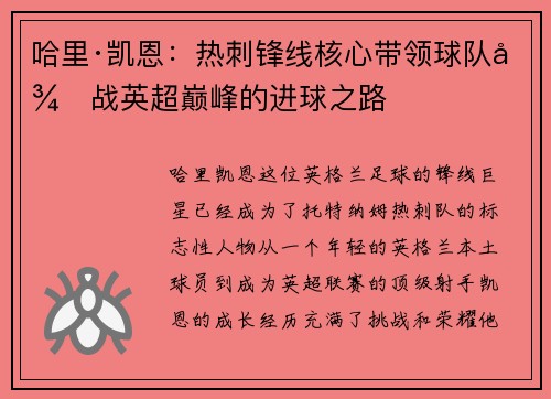 哈里·凯恩：热刺锋线核心带领球队征战英超巅峰的进球之路