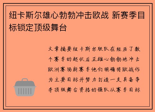 纽卡斯尔雄心勃勃冲击欧战 新赛季目标锁定顶级舞台